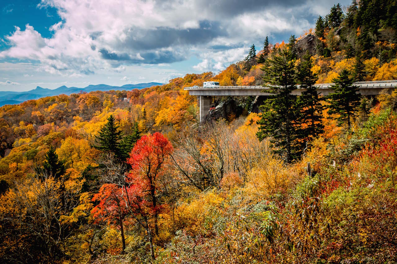 Places to see in North Carolina - Fall colors at the Linn Cove Viaduct on the Blue Ridge Parkway