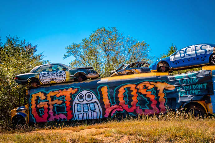 Get Lost- Painted School Bus at Schoolbus Graveyard in North Georgia