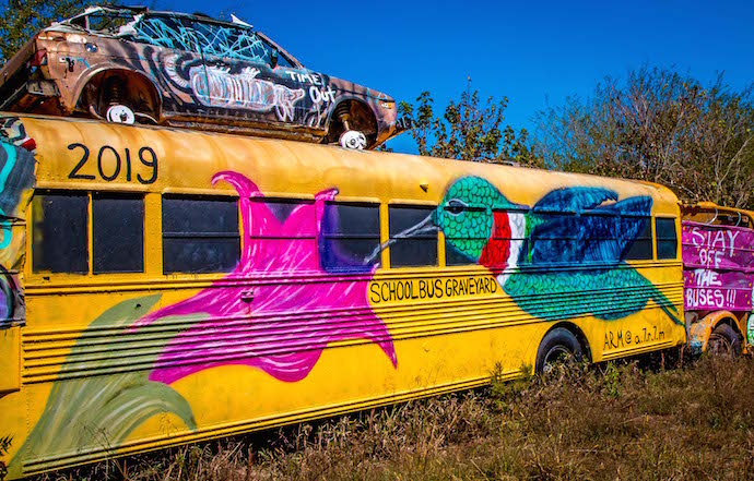 Hummingbird Painted School Bus at Schoolbus Graveyard in North GA
