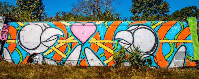 Painted School Bus at Schoolbus Graveyard in North Georgia- Birds