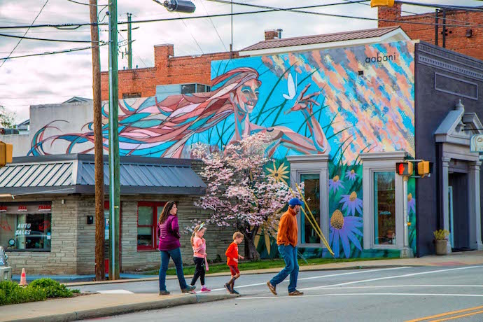 Family Crossing Main St in Downtown Weaverville NC