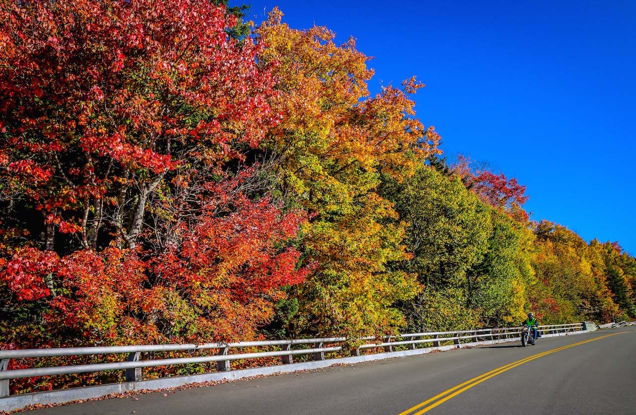 Motorcycle on the Blue Ridge Parkway near the Linn Cove Viaduct in North Carolina