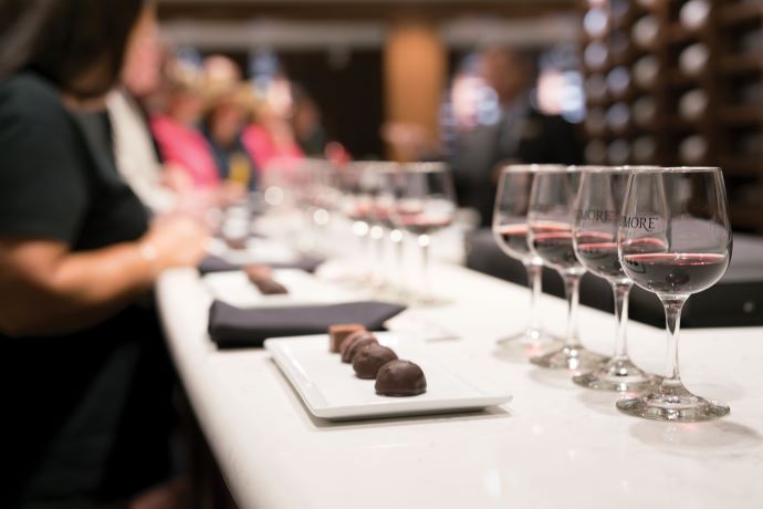 Red wine and chocolate set up in Winery Tasting Room by the Biltmore Company