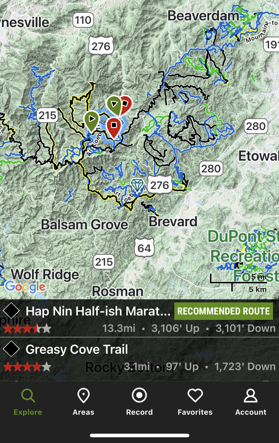 Screenshot of the Hiking Project app map between Brevard, NC and Asheville, NC - best hiking app 