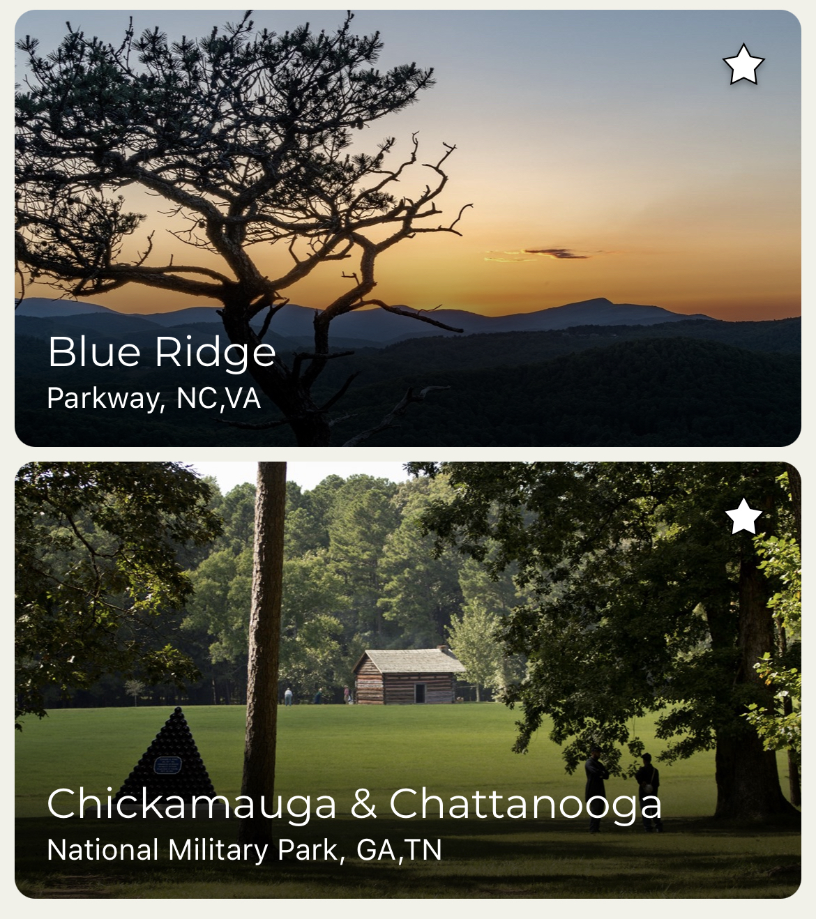 Screenshot of the NPS app categories for Blue Ridge and Chickamauga & Chattanooga