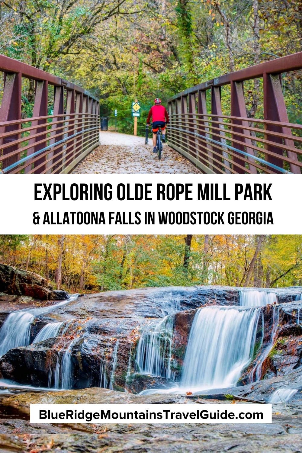 Exploring Olde Rope Mill Park and Allatoona Falls in Woodstock GA, including an overview of the biking/hiking trails and directions to the waterfall.