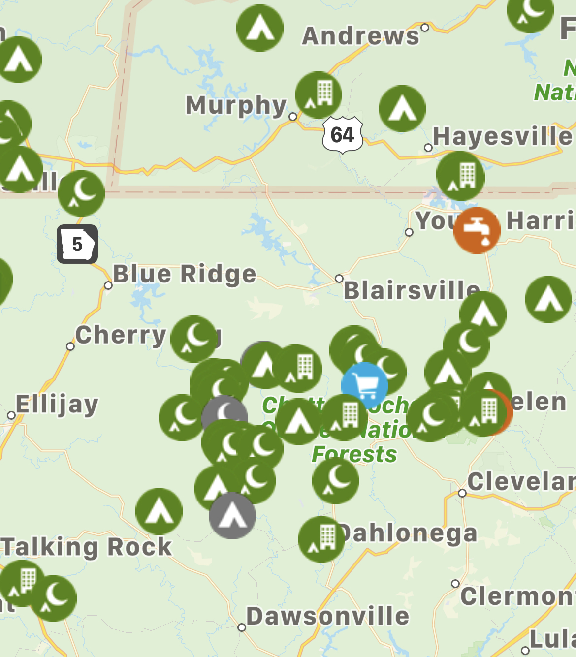 Screenshot of the iOverlander map between Murphy, NC and Dawsonville, GA - Best Apps for Hikers and Backpackers