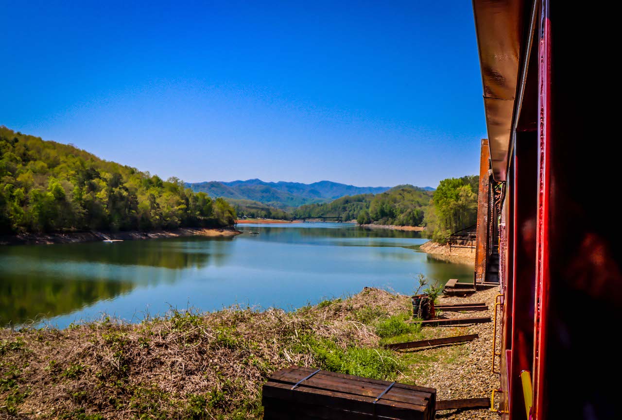 Riding the Great Smoky Mountain Railroad in Bryson City NC- Lake Fontana Train Trestle