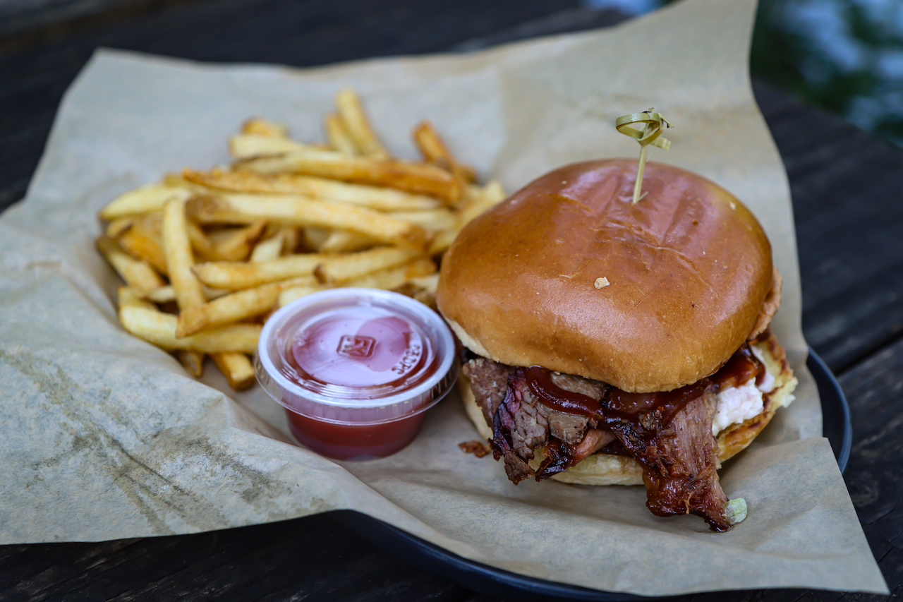 Moonshine BBQ Brisket Sandwich at Frog Level Brewing Co in Waynesville NC