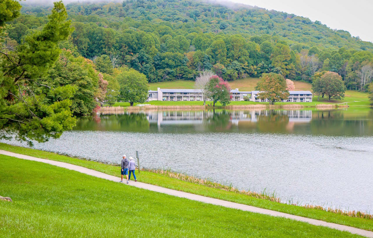 Couple Walking the Abbott Lake Trail at the Peaks of Otter Lodge in Bedford VA