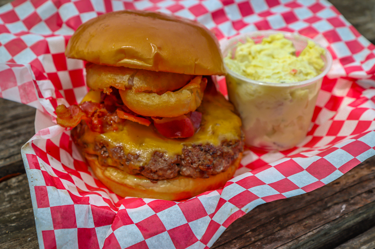 Cheeseburger from Hikers Kitchen Food Truck at Lazy Hiker Brewing Company restaurant in Franklin NC