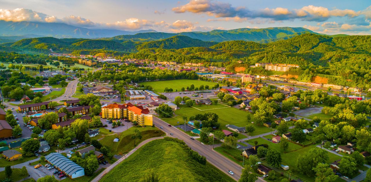 Small Mountain Towns in Tennessee- Pigeon Forge & Sevierville Tennessee Aerial View