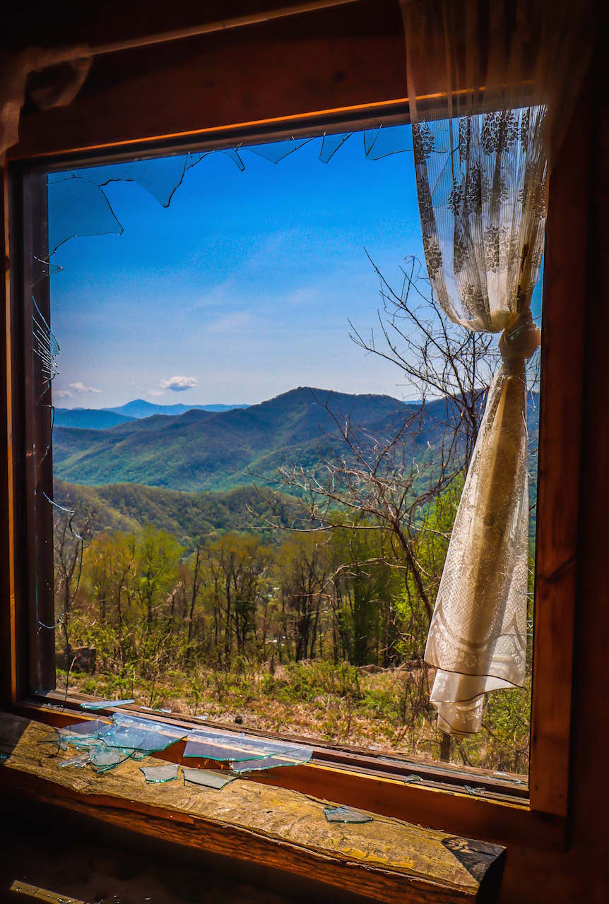 Broken Window in the Chapel at Ghost Town in the Sky in Maggie Valley NC