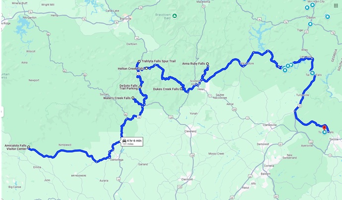 North Georgia Waterfalls Driving Route